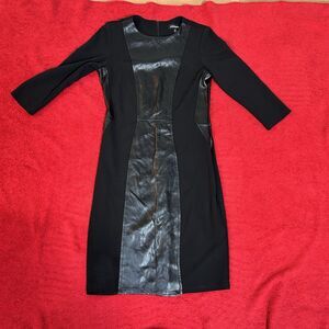 Addison Black Faux Leather Panel Sheath Dress Size 6 Midi Career Chic